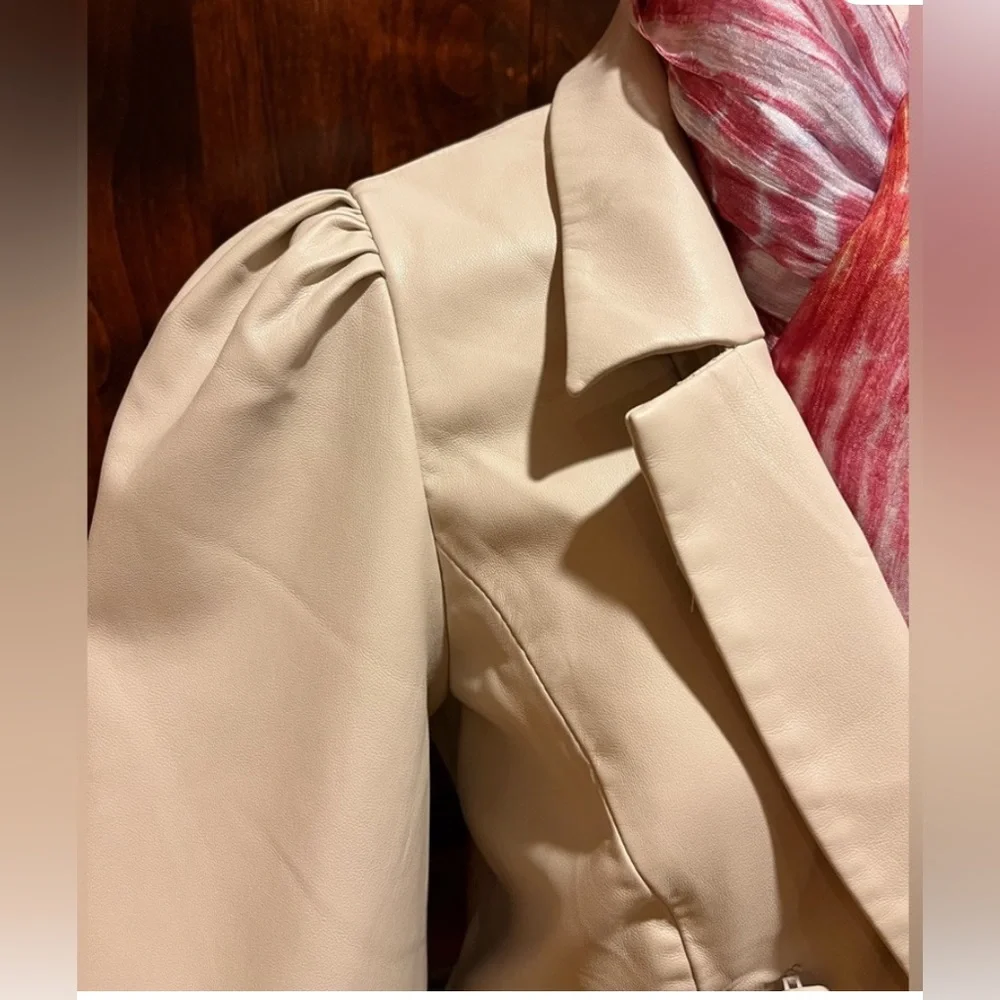 Anthropologie Awaylee vegan leather coat/ jacket w/ balloon sleeves Cream. S-XS - Picture 6 of 16